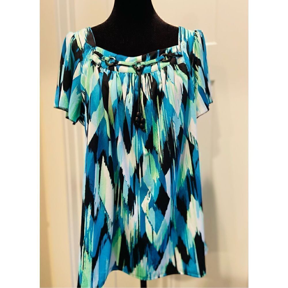 Zac & Rachel Women's Blue Watercolor Short Flutter Sleeve Petite Large Blouse